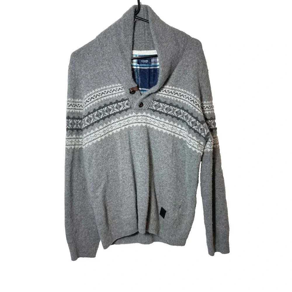 Colin's Wool Blend Half Button Up Sweater Mens L Gray Fair Isle Pullover Knitted
